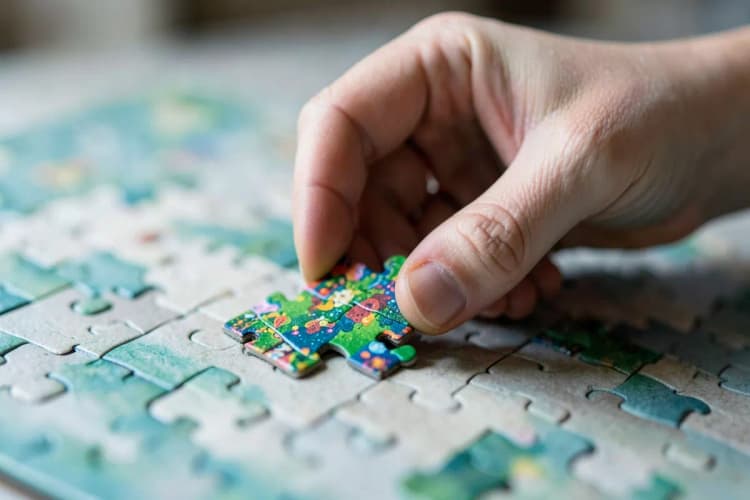 Seção 4: Mão colocando uma peça de quebra-cabeça colorida em um tabuleiro incompleto.