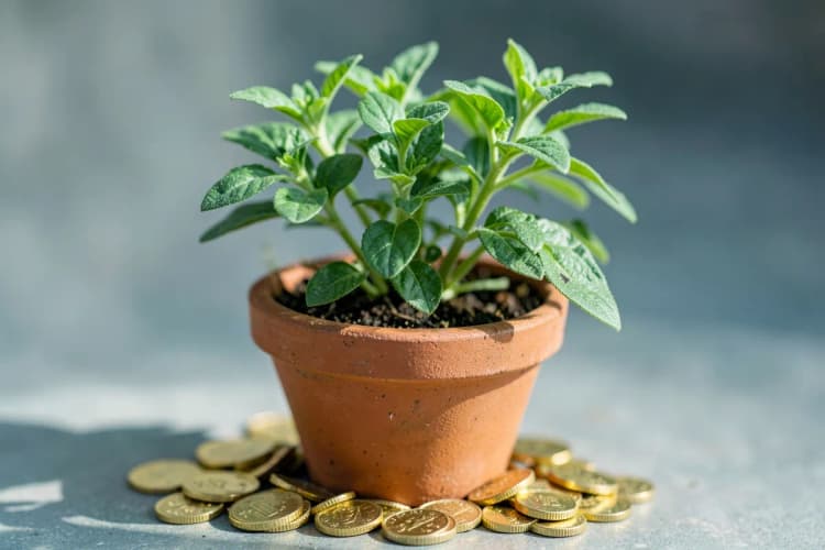 Seção 5: Uma planta crescendo em um vaso, com moedas de ouro ao redor da base.