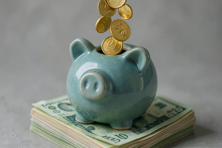 Um cofrinho em forma de porquinho com moedas de ouro caindo dentro dele, em cima de uma pilha de notas de dinheiro, close-up, luz de estúdio, moedas caindo.