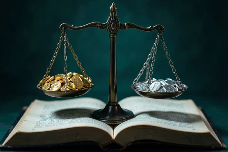 Uma balança da justiça com moedas de ouro e prata em cada prato, em cima de um livro aberto, plano médio, luz dramática de tribunal, os pratos da balança equilibrados.