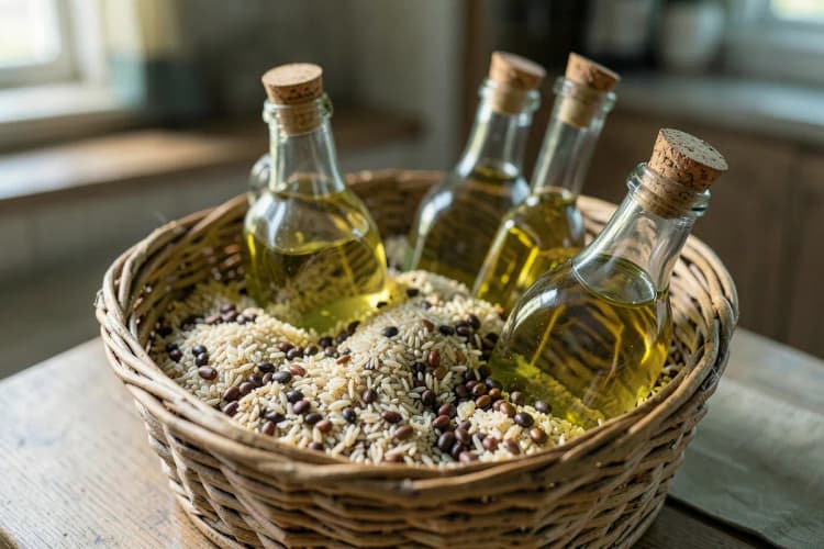 Cesta de alimentos básicos como arroz, feijão e óleo.