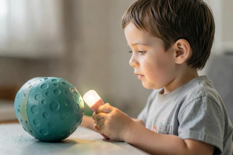 Criança autista interagindo com brinquedos sensoriais.