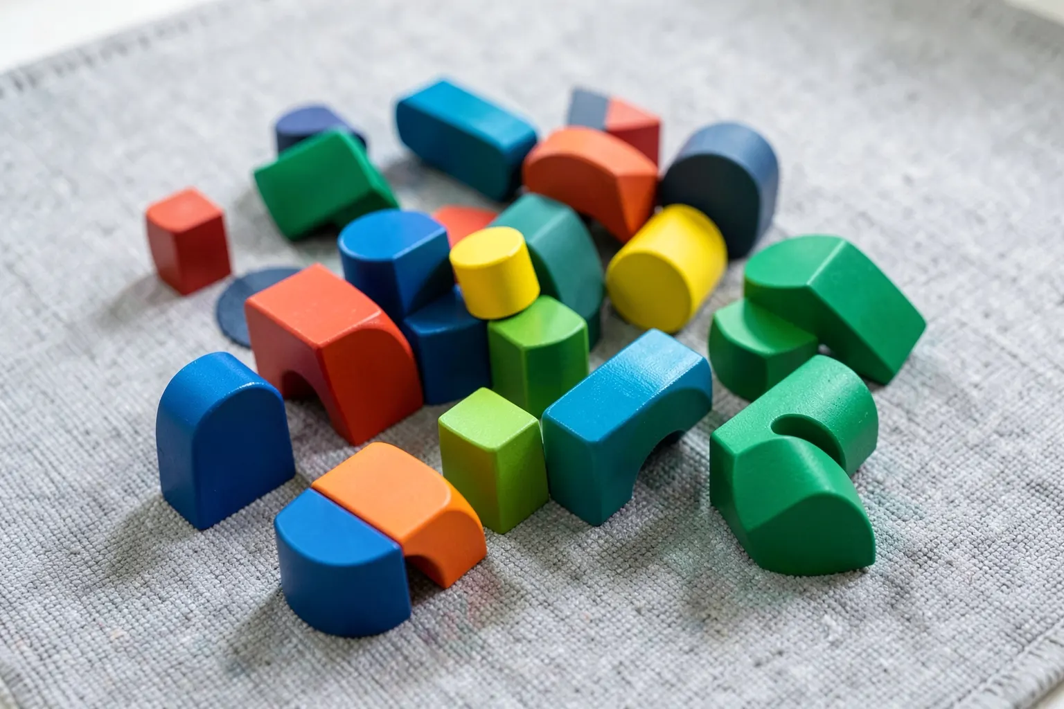 Criança autista brincando com blocos de montar coloridos em um tapete de atividades.