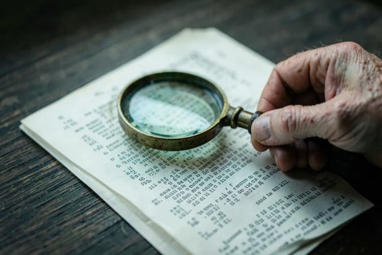Uma mão idosa segurando uma lupa sobre um documento com texto e números.