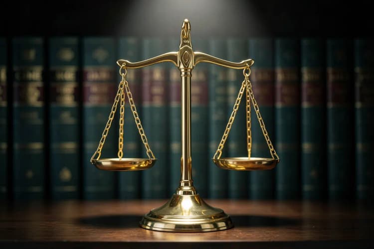 Uma balança da justiça dourada sobre um fundo desfocado de livros de direito.