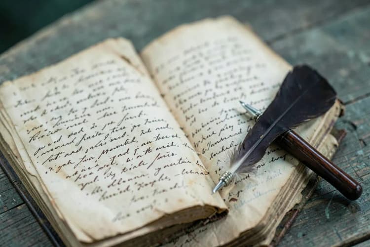 Um livro antigo aberto com páginas amareladas e uma pena de escrita ao lado.