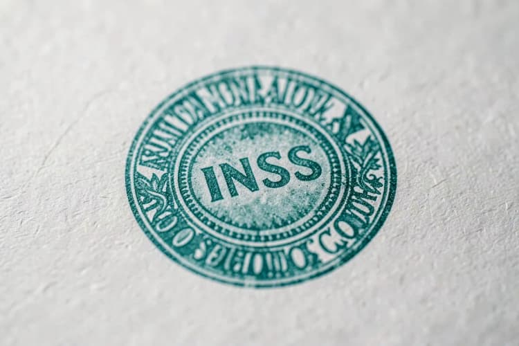 Um selo oficial do INSS em um documento.