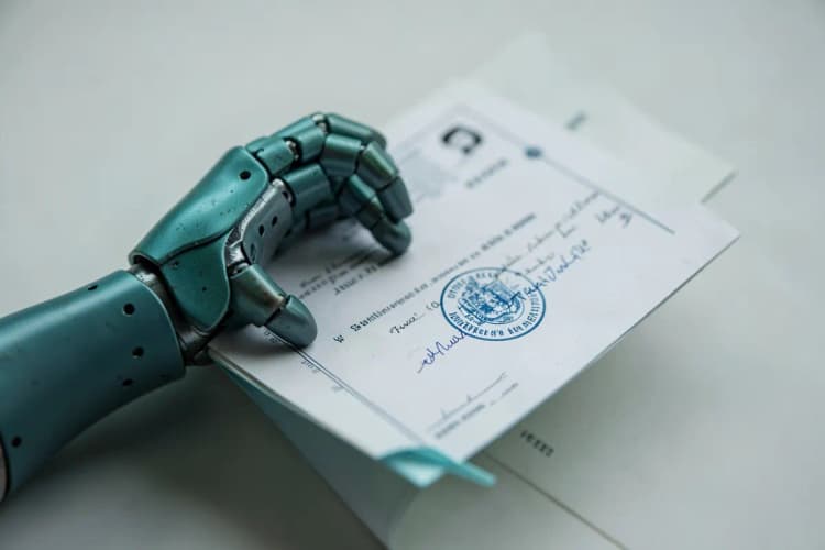 Uma mão com uma prótese mecânica segurando um documento com um selo oficial.