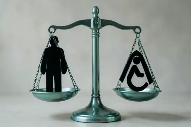 Uma balança da justiça com uma pessoa em silhueta em uma das bases e um símbolo de acessibilidade na outra.