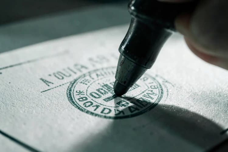 Um close-up de um carimbo oficial sendo pressionado sobre um formulário.