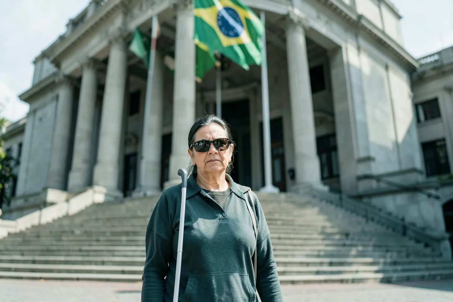 Uma pessoa com deficiência visual usando óculos escuros e bengala, em frente a um prédio governamental com a bandeira do Brasil ao fundo.